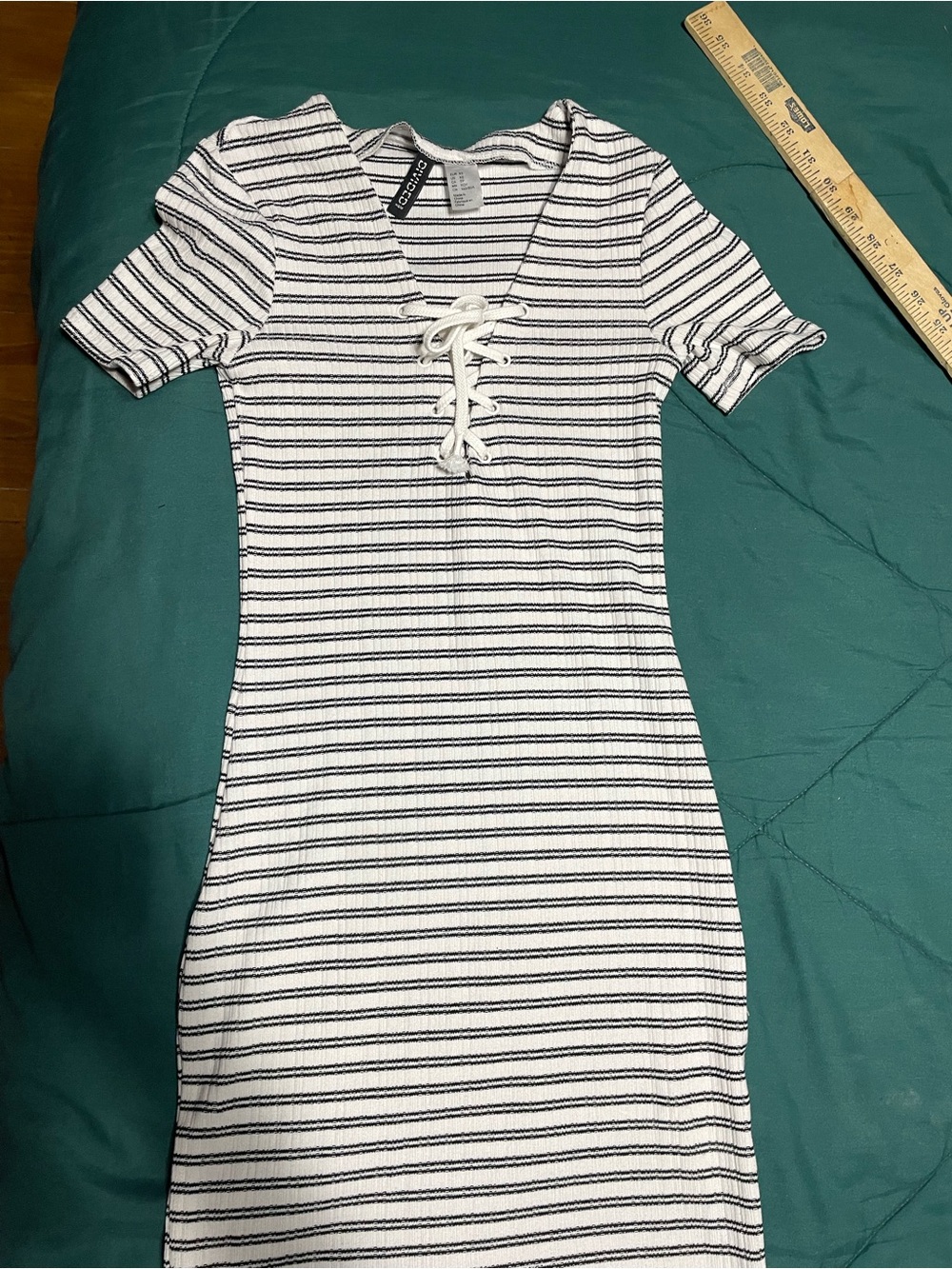 Divided White and Black Striped Lace-Up Midi Dress